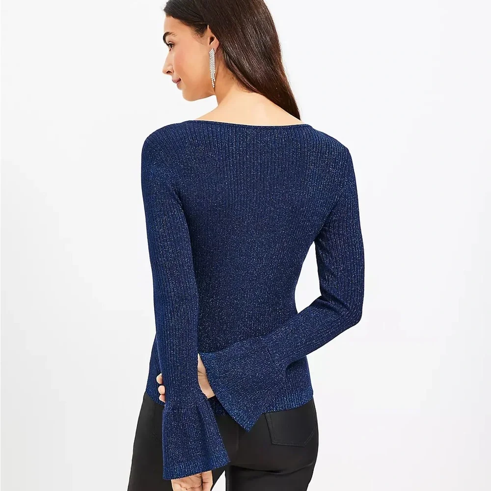 SALE!! NWT Loft Shimmer Ribbed Sweetheart Neck Flare Cuff Sweater Navy Size S - Picture 3 of 7